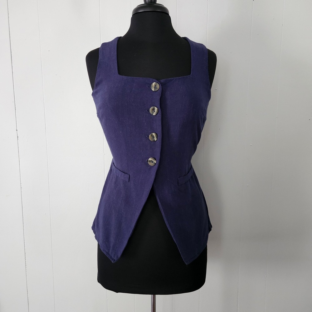 Womens Linen‎ Vest Linen Blend Sleevless Tie Back Tailored Dark Academia Size M